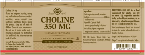 Choline Nahrungsergänzungsetikett zeigt Dosierung von 350 mg, vegan, mit Inhaltsstoffen und Gebrauchsanweisung, in braun und gelb.