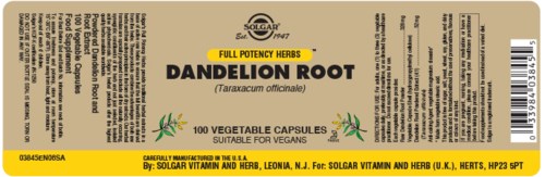 Etikett für pflanzliches Nahrungsergänzungsmittel, Dandelion Root, 100 Kapseln, geeignet für Veganer, hergestellt von Solgar.