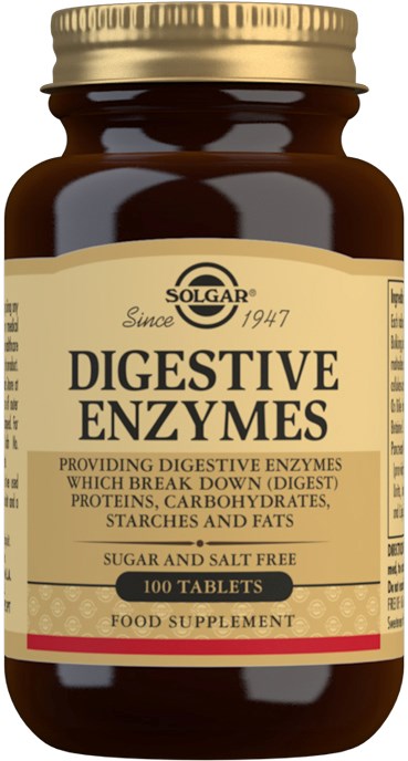 Pullo, jossa lukee Solgar Digestive Enzymes, sisältää 100 tablettia ruoansulatukseen.