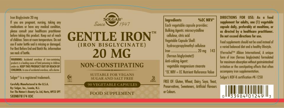 Solgar Gentle Iron (Iron Bisglycinate) 20 mg Vegetable Capsules 90st