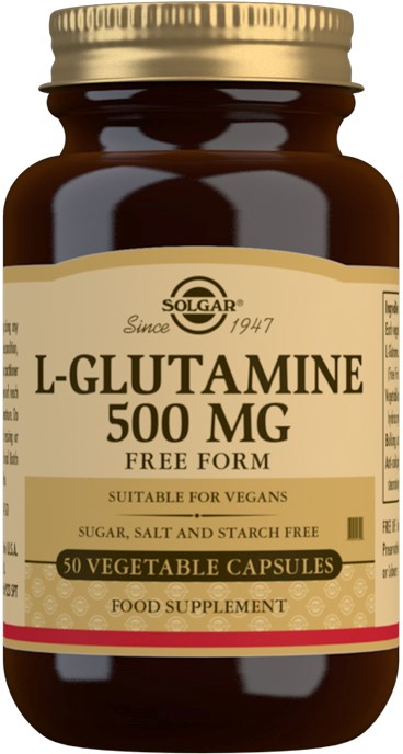 Eine braune Flasche mit beigefarbigem Etikett, enthält 50 pflanzliche Kapseln L-Glutamin, geeignet für Veganer.