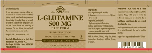 Etikett eines Nahrungsergänzungsmittels mit L-Glutamin, zeigt Dosierung, Inhaltsstoffe und Anwendungshinweise.