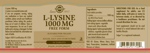 Das Etikett zeigt ein veganes Medikament namens L-LYSINE mit Angaben zu Inhaltsstoffen, Anwendung und Zertifizierungen.