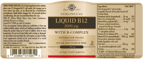 Vloeibare B12-supplement voor veganisten, 50 ml fles, B12 2000 mcg, B-complex, suiker- en zetmeelvrij.