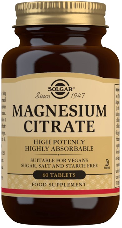 En brun flaska med en gräddfärgad etikett som visar "Magnesium Citrate" och detaljer om hög potens, 60 tabletter, vegansk och kosttillskott.