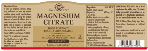 Etikett för Magnesiumcitrat-tillskott, som lyfter fram hög potens, absorption och veganskt passande, med ingredienser och instruktioner.