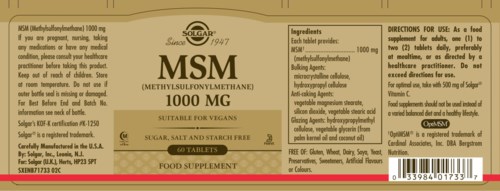 Ein Nahrungsergänzungsmittel-Box für MSM (Methylsulfonylmethan) zeigt Dosierung, Inhaltsstoffe und Anweisungen. Es ist zuckerfrei und veganfreundlich.