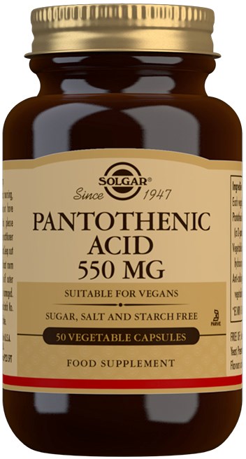 En brun flaska från Solgar med Pantothenic Acid, etikett i beige och guldkapsyl. Den innehåller 50 k Oscarskapslar.