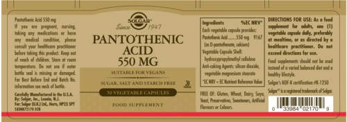 Etikett för ett kosttillskottsflaska med information om ingredienser, användning och dosering av pantotensyra 550 mg.