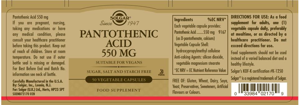 Solgar Pantothenic Acid 550 mg Vegetable Capsules 50st