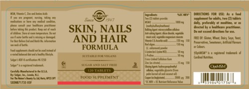 En tilskuddspakke for hud, negler og hår med 120 sukker- og saltfrie tabletter, egnet for veganere, og en logo med en sol.
