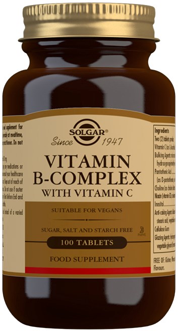 En brun flaska som är märkta med Vitamin B-komplex med C-vitamin, passar för veganer, innehåller 100 tabletter, utan socker och stärkelse.