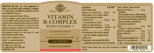 Etiketten beskriver vitamin B-komplex kosttillskott med vitamin C, vegetariskt, sockerfritt och lämpligt för veganer.