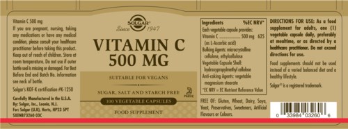 Aufkleber für Vitamin-C-Präparate mit Inhaltsstoffen, Dosierungsgröße und Gesundheitshinweisen.
