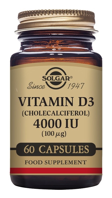 En brun flaske med guldkrone indeholdende Solgar Vitamin D3-kapsler, mærket med dosering og kosttilskud detaljer.