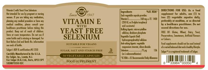 Solgar Vitamin E with Yeast Free Selenium Vegetable Capsules 50st