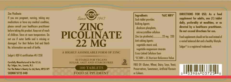 Solgar Zinc Picolinate 22 mg Tablets 100st