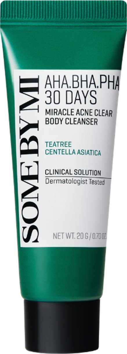 Zielona i biała tubka do mycia twarzy z czarną zakrętką, oznaczona jako acne clear body cleanser z drzewem herbacianym.