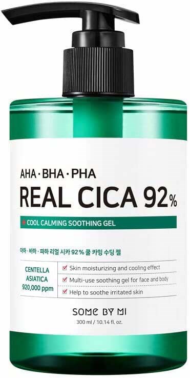 A green and white pump bottle of cooling and soothing gel with label details and brand name.