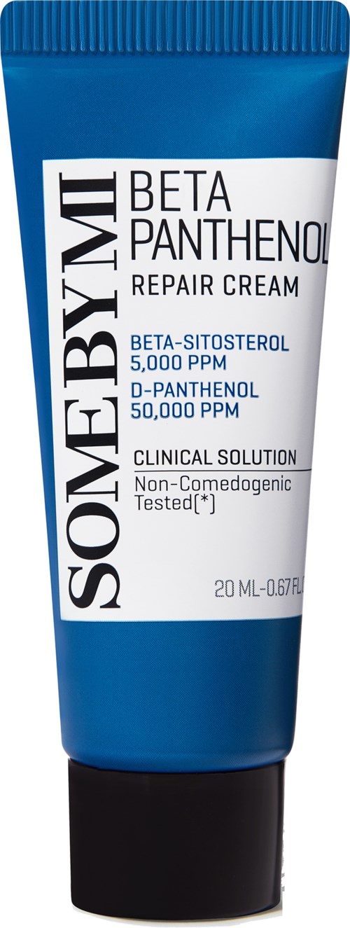 En blå tube med Sorebyil Beta Panthenol Repair Cream med sort låg, etiketten viser ingredienser og formål.