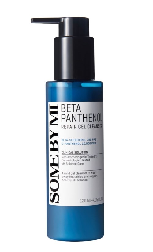 En blå hudvårdsflaska med svart pump märkt 'Beta Panthenol Repair Gel Cleanser' och beskrivningstext.