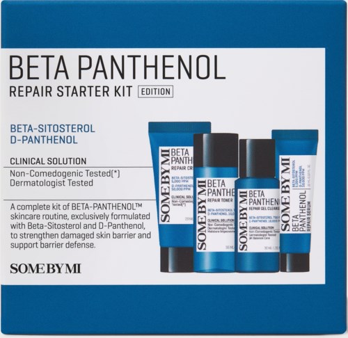 Eske med hudpleieprodukter kalt Beta Panthenol Repair Starter Kit med ulike kremer og lotioner.