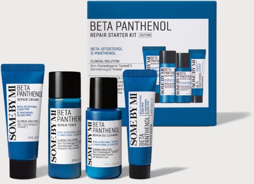Et hudpleiesett kalt Beta Panthenol med krem, toner, rens og andre produkter i blått og hvitt emballasje.
