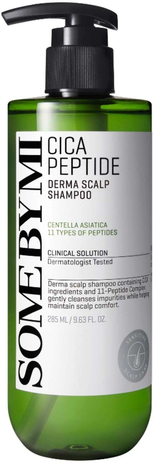 Green bottle of SOMBY MI CICA PEPTIDE Derma Scalp Shampoo with a black pump.