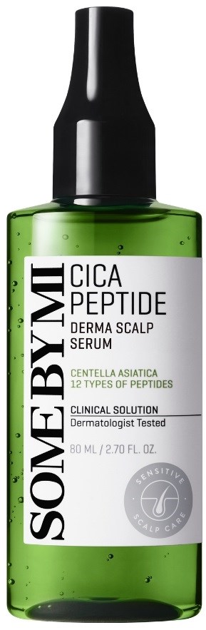Grön serumflaska med svart lock, etikett som säger SOMEBYMI CICA PEPTIDE Derma Scalp Serum, 80 ml.