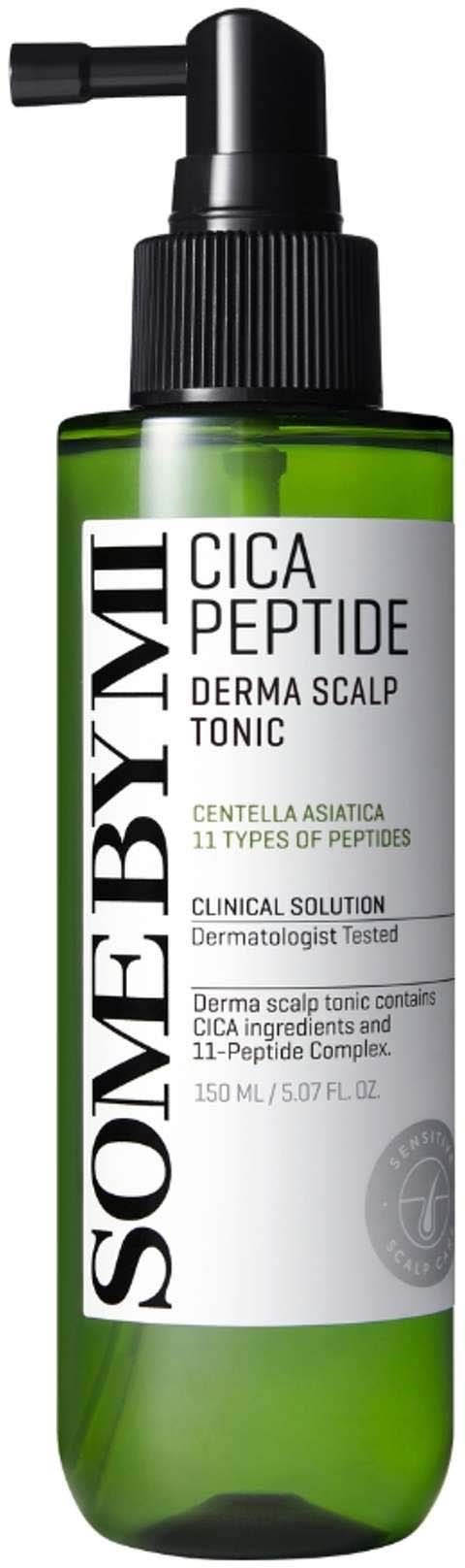 Green bottle of scalp toner with pump, white and black label, labeled as SOAEXBYMI CICA PEPTIDE DERMA SCALP TONIC.
