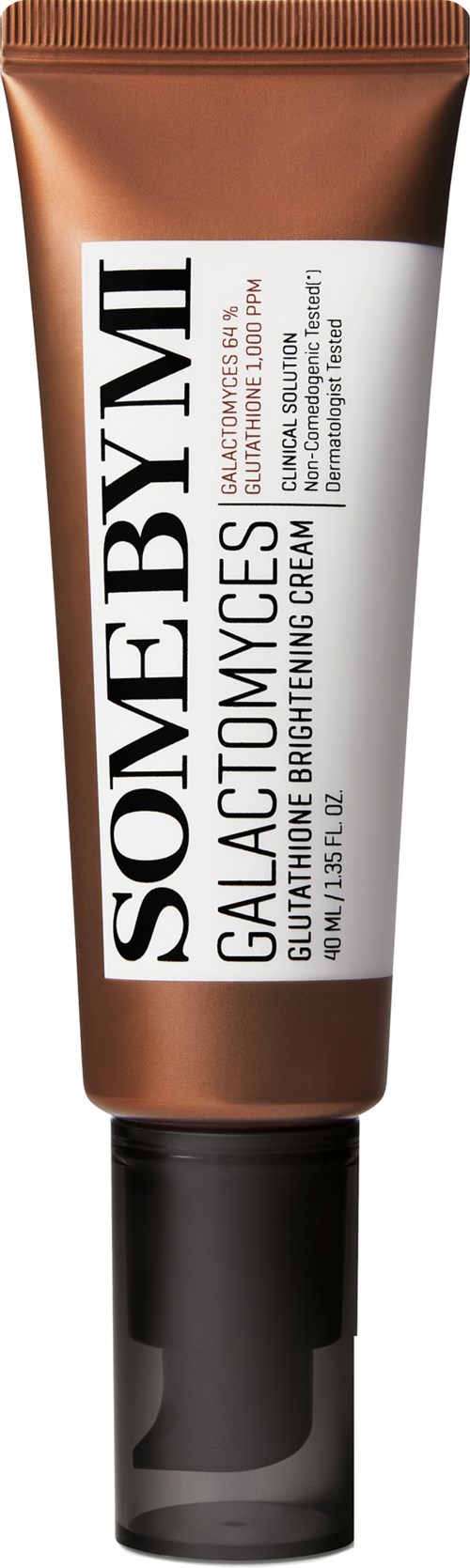 Eine Tube aufhellende Creme mit weißer, brauner und schwarzer Verpackung mit der Aufschrift "SOME BY MI GALACTOMYCES."