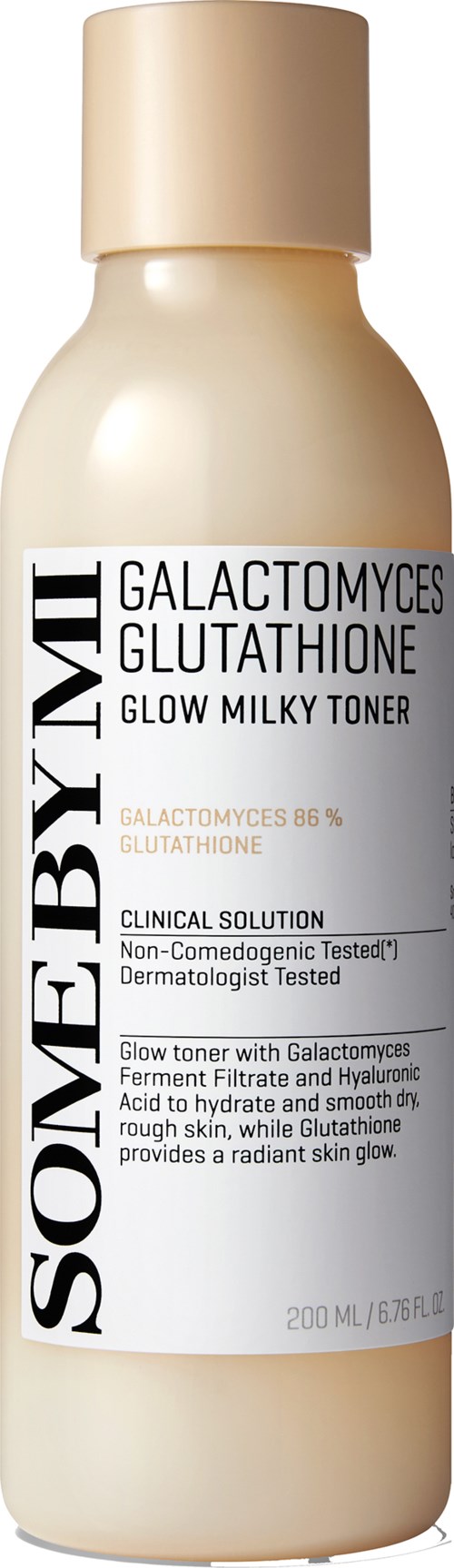 Beige Flasche mit weißem Etikett, Name und Details eines Glow Toners mit Galactomyces und Glutathione.
