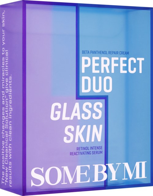 Produktpaketet är lila och blått, märkt som hudvård serum kallat "Perfect Duo Glass Skin" för att få huden att se ut som glas.