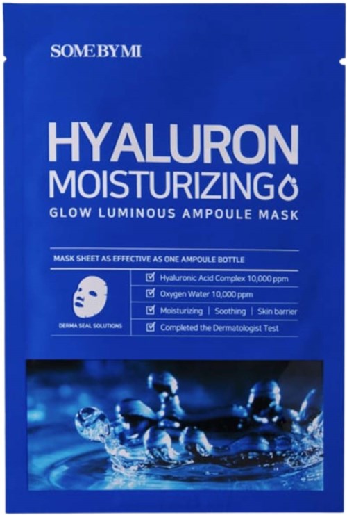 Blauwe verpakking van een hyaluronende hydraterende gloedmasker met productinformatie en water met bellen.