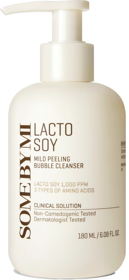Flaske med mild peeling boblemassasje med pumpe, merket som inneholder soy, aminosyrer og klinisk testing.