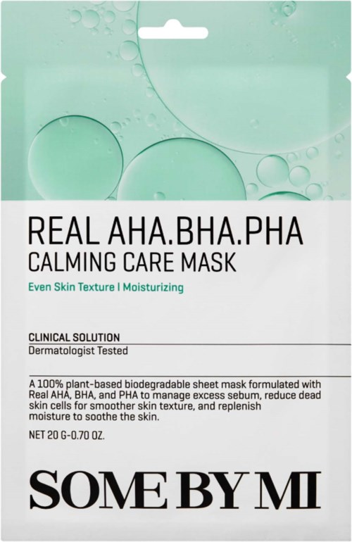 Kalmerend weefselmasker genaamd REAL AHA.BHA.PHA van SOME BY MI, bevordert een gladde huid en hydratatie, met groene bellen op de achtergrond.