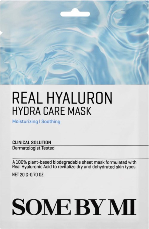 Verpackung einer hydrierenden Gesichtsmaske mit blauer Wasserdesign und schwarzen und weißen Text.