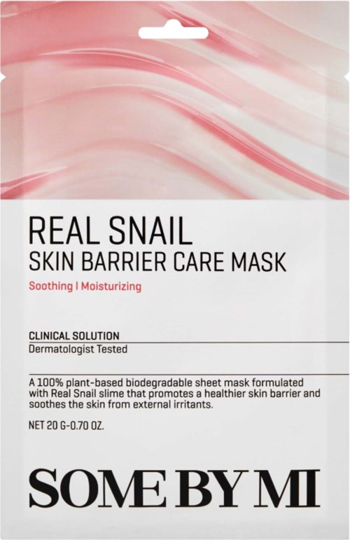 Pakkauksen silmänkaarimaskille, jolla on pinkki ja valkoinen muotoilu, nimeltään Real Snake Skin Barrier Care Mask rauhoittamiseen ja kosteuttamiseen.