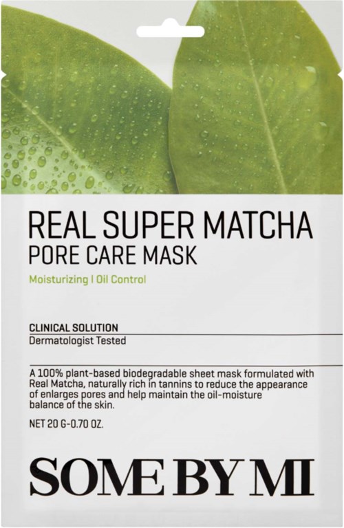 Verpackung einer grünen und weißen Blatthautmaske mit Produktname und Beschreibung für Porenpflege und Ölkontrolle.