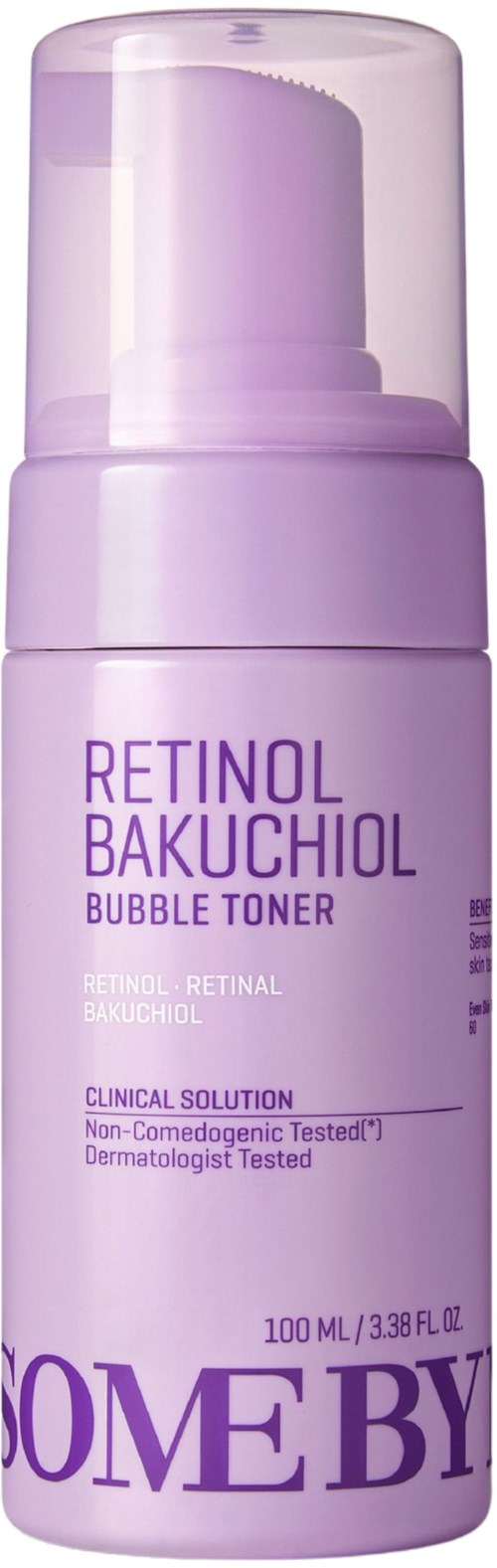 Eine lila Flasche Retinol Bakuchiol Bubble Toner mit klarem Pumpen und Beschriftung.