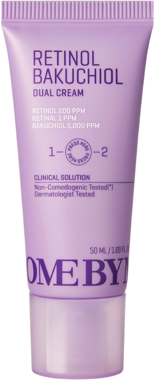 A lavender tube of skincare cream named Retinol Bakuchiol Dual Cream, with detailed ingredient and testing information.