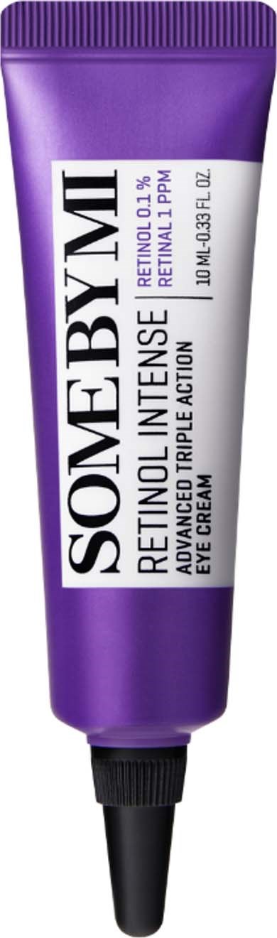 Paars tube met retinol oogcrème, zwarte applicatortips en wit etiket.