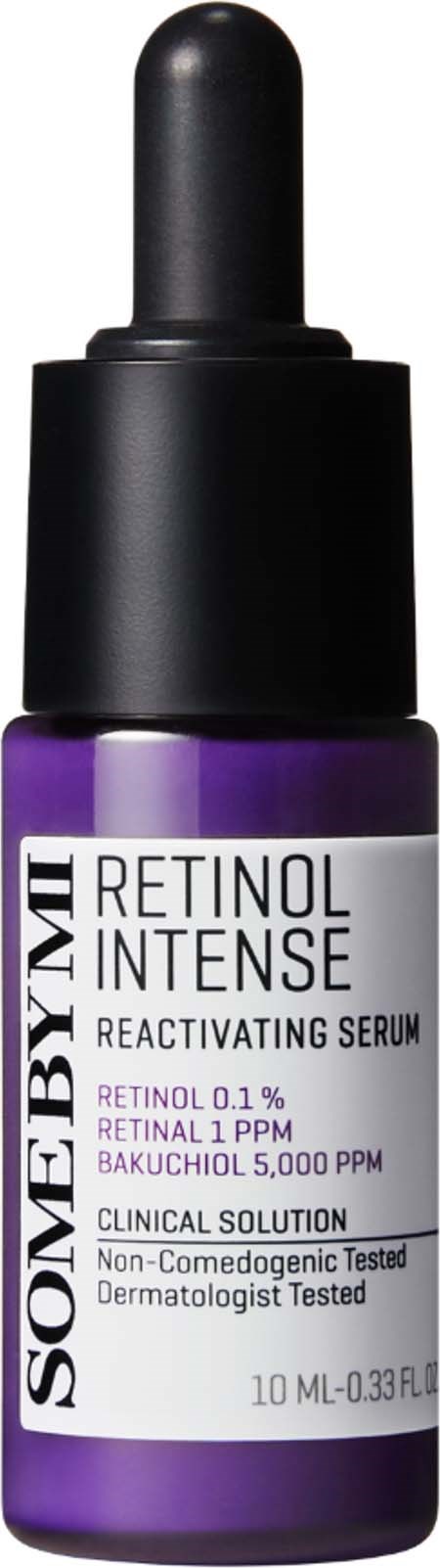 Lila fles met retinol serum en een zwarte druppelkampo, gelabeld Someby Mli Retinol Intense.