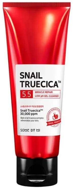 A red tube of skincare cream labeled Snail Truecica with ingredients and brand details.