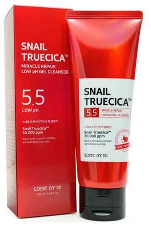 A red tube and box label for a snail gel cleanser called Snail Truecica 5.5, with low pH and skincare benefits.