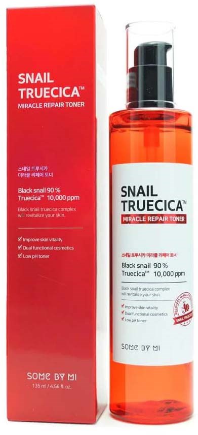 A skincare product named Snail Truecica Miracle Repair Toner in a transparent bottle with a black pump and a red box.