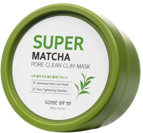 A green container of Super Matcha pore clean clay mask, with plant graphics and product details.