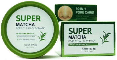 Packaging with green and white labels for a matching clay mask product. Contains three boxes and a jar.