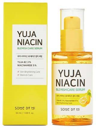 Yellow box and bottle of Yuja Niacin blemish care serum with lemon image on label.