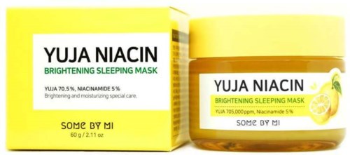 A yellow box and jar of Yuja Niacin Brightening Sleeping Mask with lemon image on label.